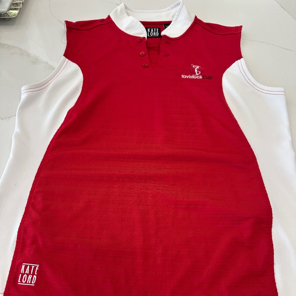 Large Ladies sleeveless golf shirt  Red and White by Kate Lord